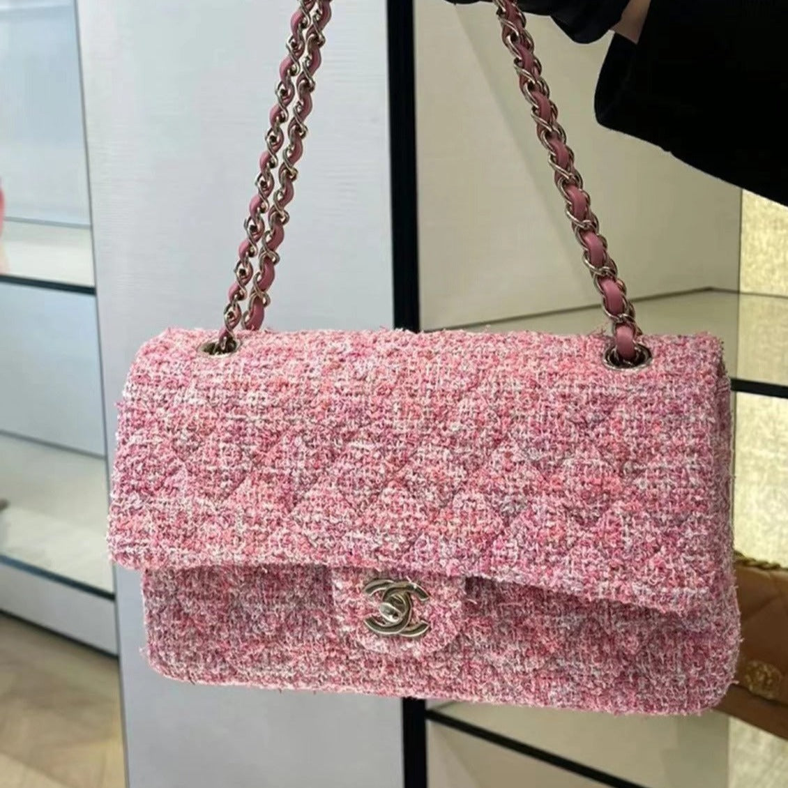 SAC À RABAT MOYEN 25 TWEED ROSE QUINCAILLERIE ARGENTÉE