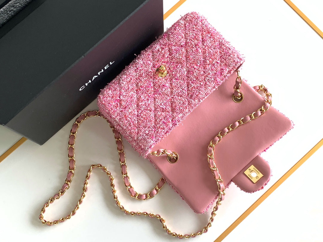 SAC À RABAT MINI 20 TWEED ROSE QUINCAILLERIE ARGENTÉE 