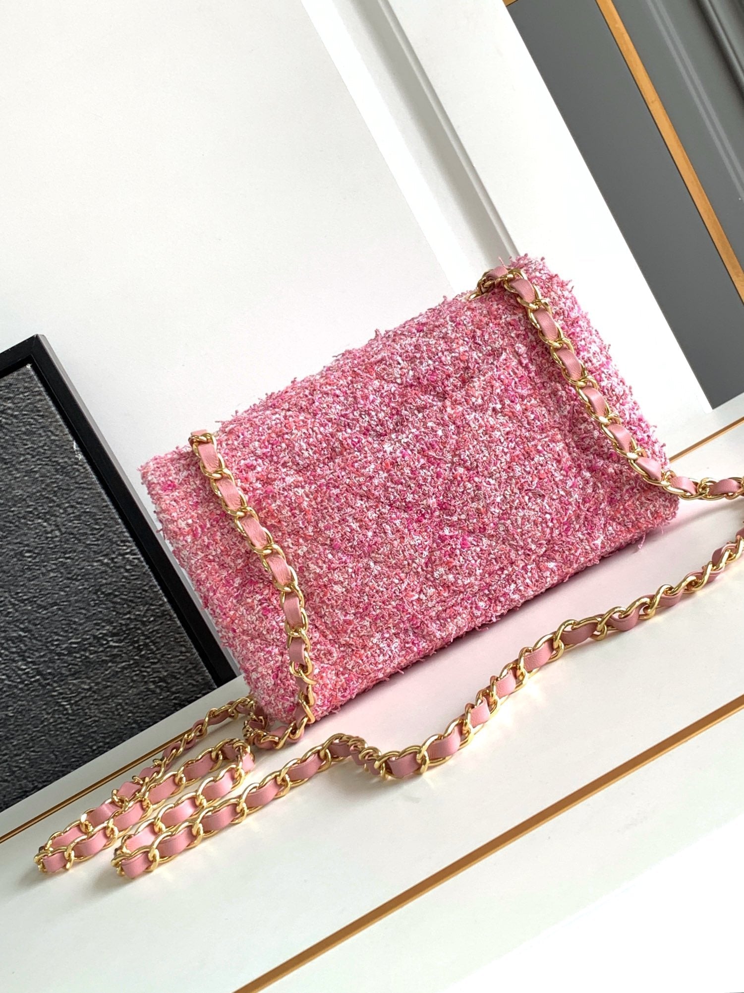 SAC À RABAT MINI 20 TWEED ROSE QUINCAILLERIE ARGENTÉE 