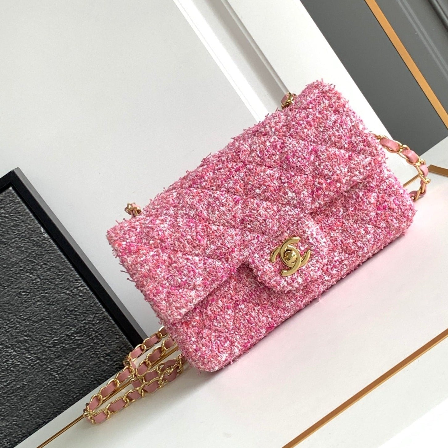 SAC À RABAT MINI 20 TWEED ROSE QUINCAILLERIE ARGENTÉE 