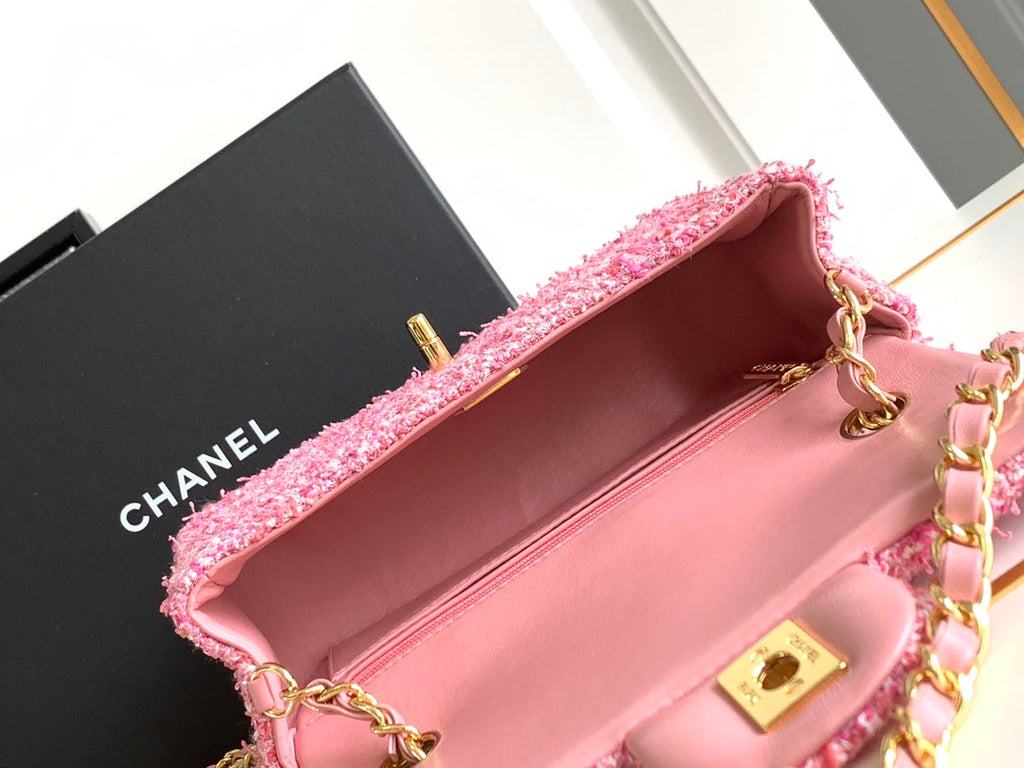 SAC À RABAT MINI 20 TWEED ROSE QUINCAILLERIE ARGENTÉE 