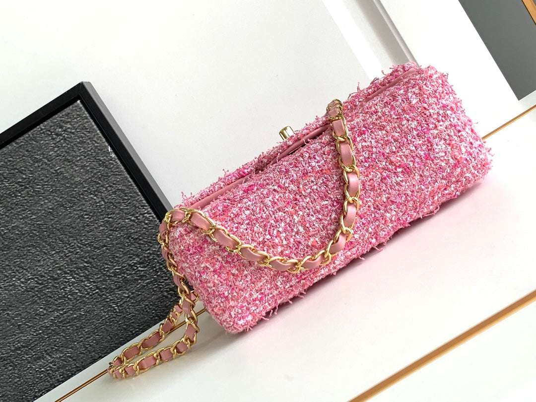 SAC À RABAT MINI 20 TWEED ROSE QUINCAILLERIE ARGENTÉE 