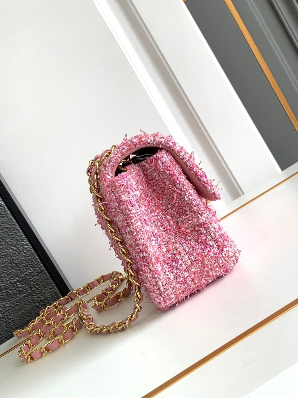 SAC À RABAT MINI 20 TWEED ROSE QUINCAILLERIE ARGENTÉE 