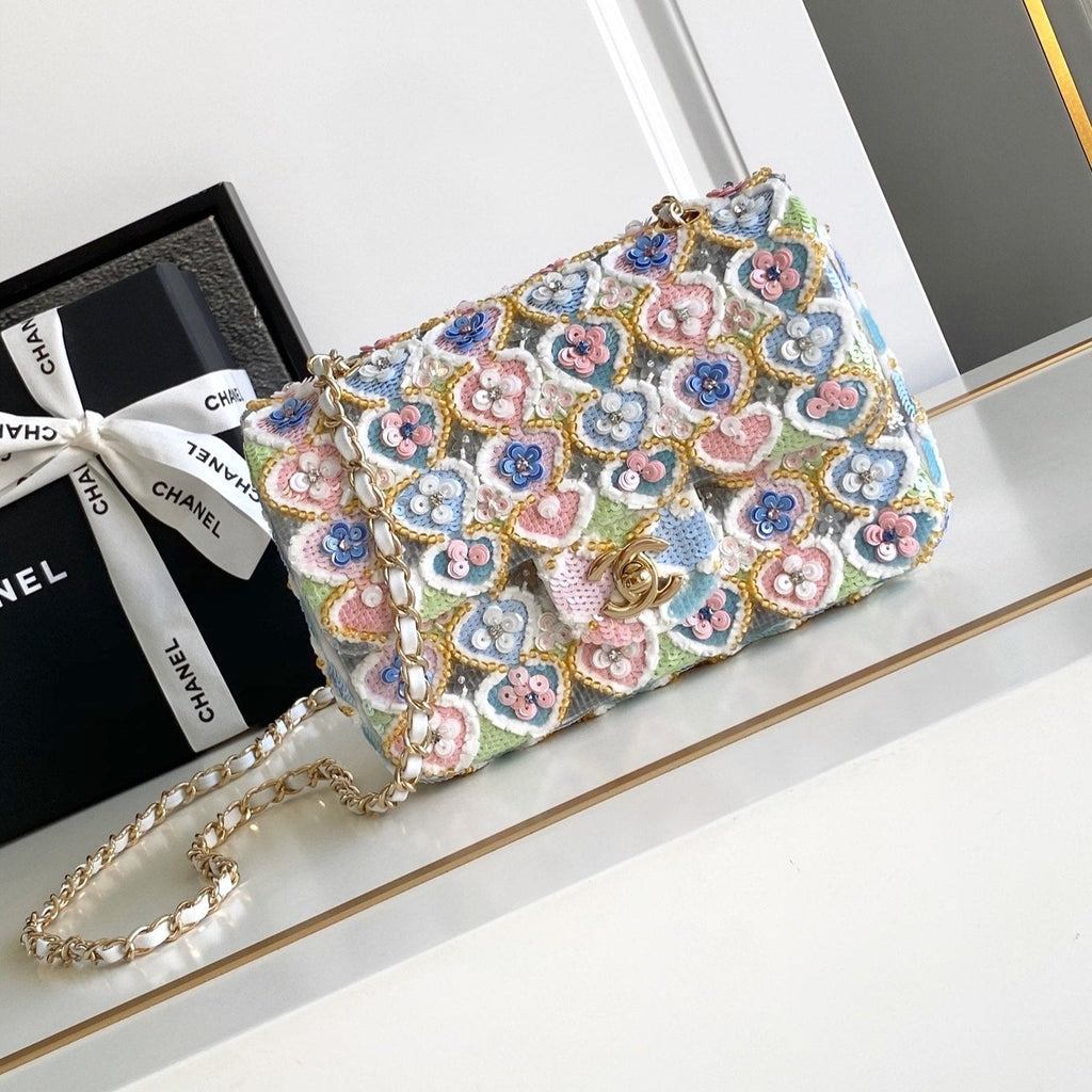 CC 24A SAC À RABAT 20 CM PAILLETTES MULTICOLORE SATIN QUINCAILLERIE OR 