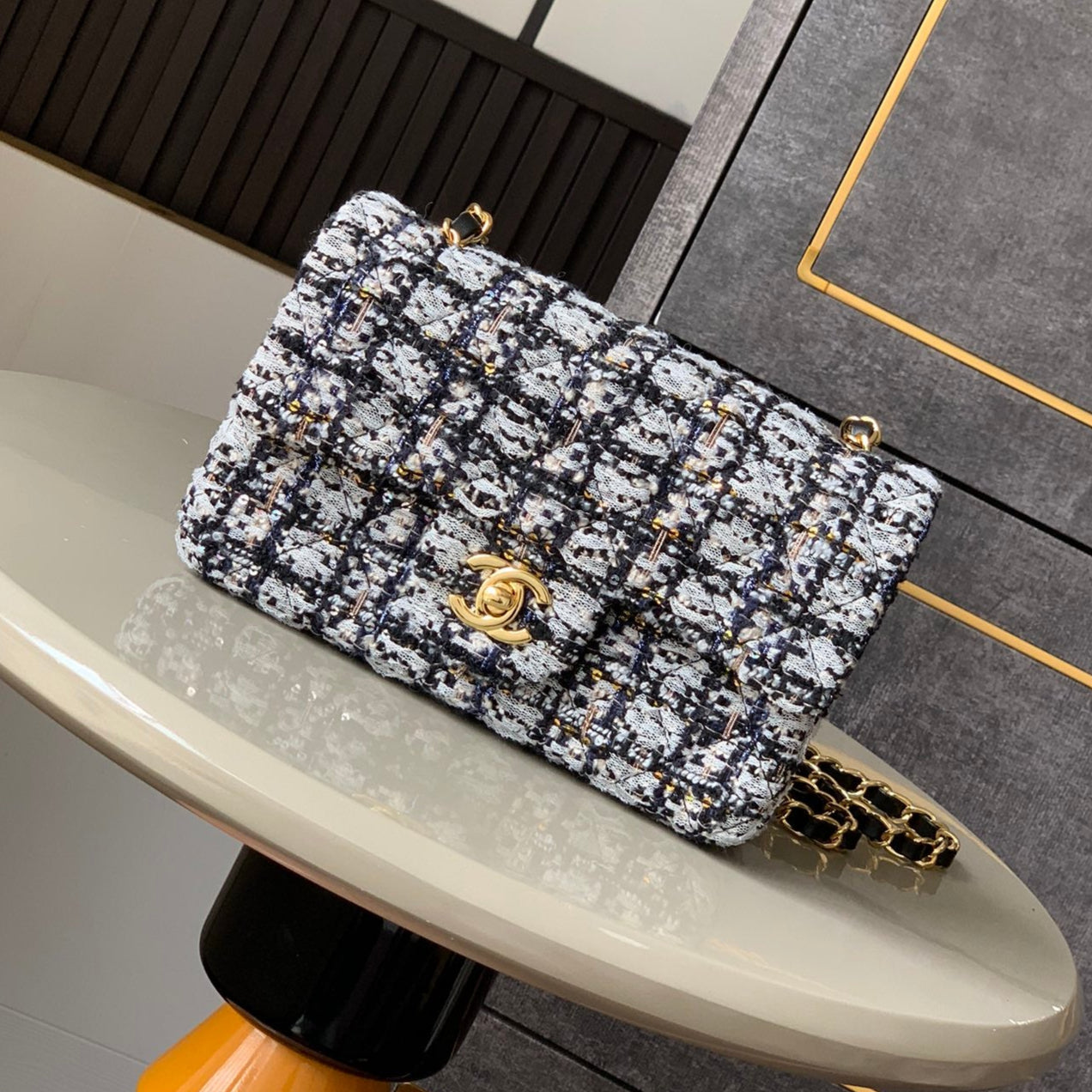 FLAP BAG MINI 20CM BLACK WHITE TWEED SEQUIN