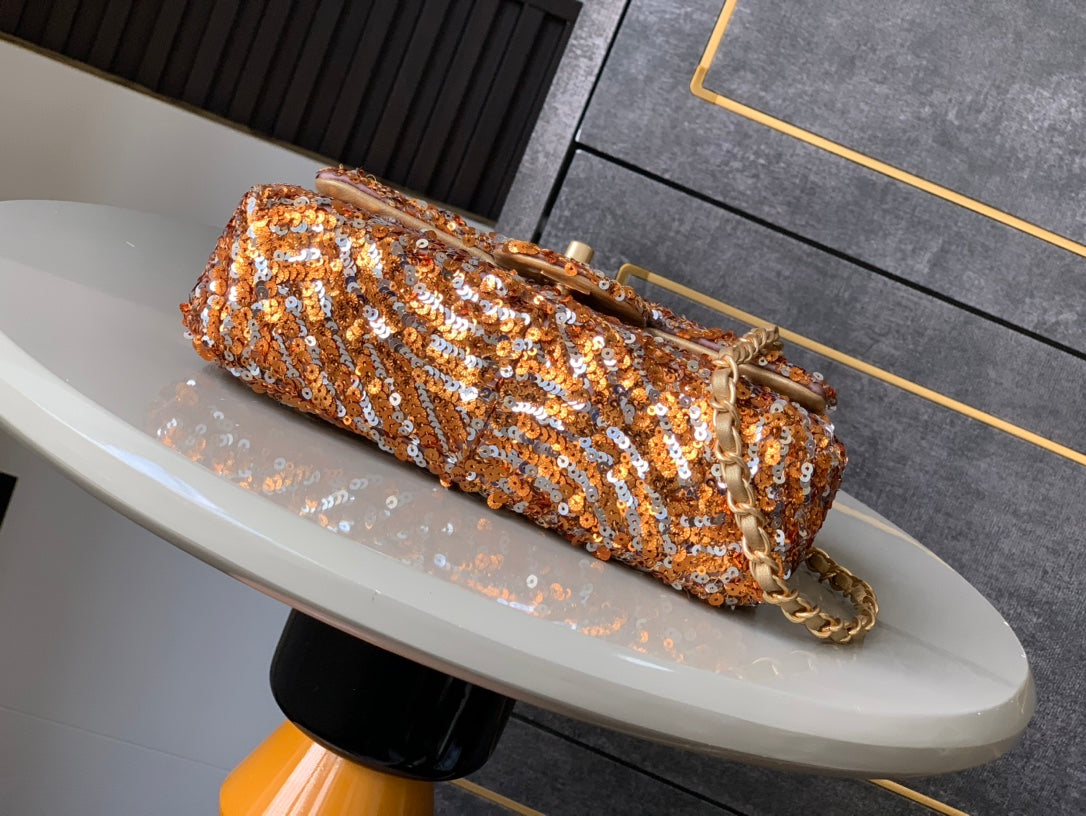 SAC À RABAT MINI 20 CM EN CUIR DE VEAU BEIGE À PAILLETTES BRONZE DORÉ