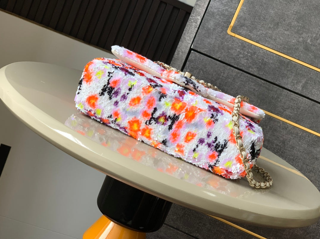 MINI SAC À RABAT 20CM BLANC ORANGE PAILLETTES