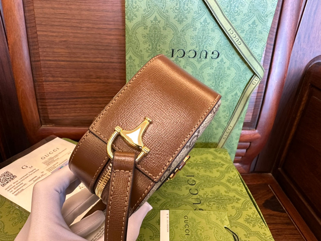 PETIT SAC GG 20 HORSEBIT 1955 EN TOILE BEIGE ET CUIR DE VEAU MARRON