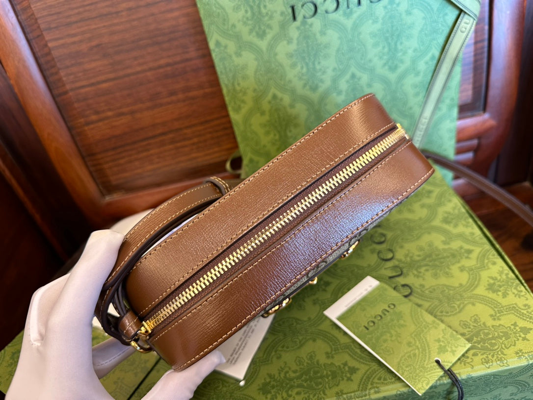 PETIT SAC GG 20 HORSEBIT 1955 EN TOILE BEIGE ET CUIR DE VEAU MARRON