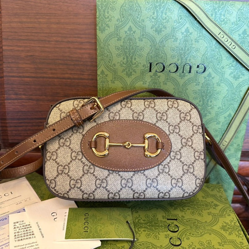 PETIT SAC GG 20 HORSEBIT 1955 EN TOILE BEIGE ET CUIR DE VEAU MARRON