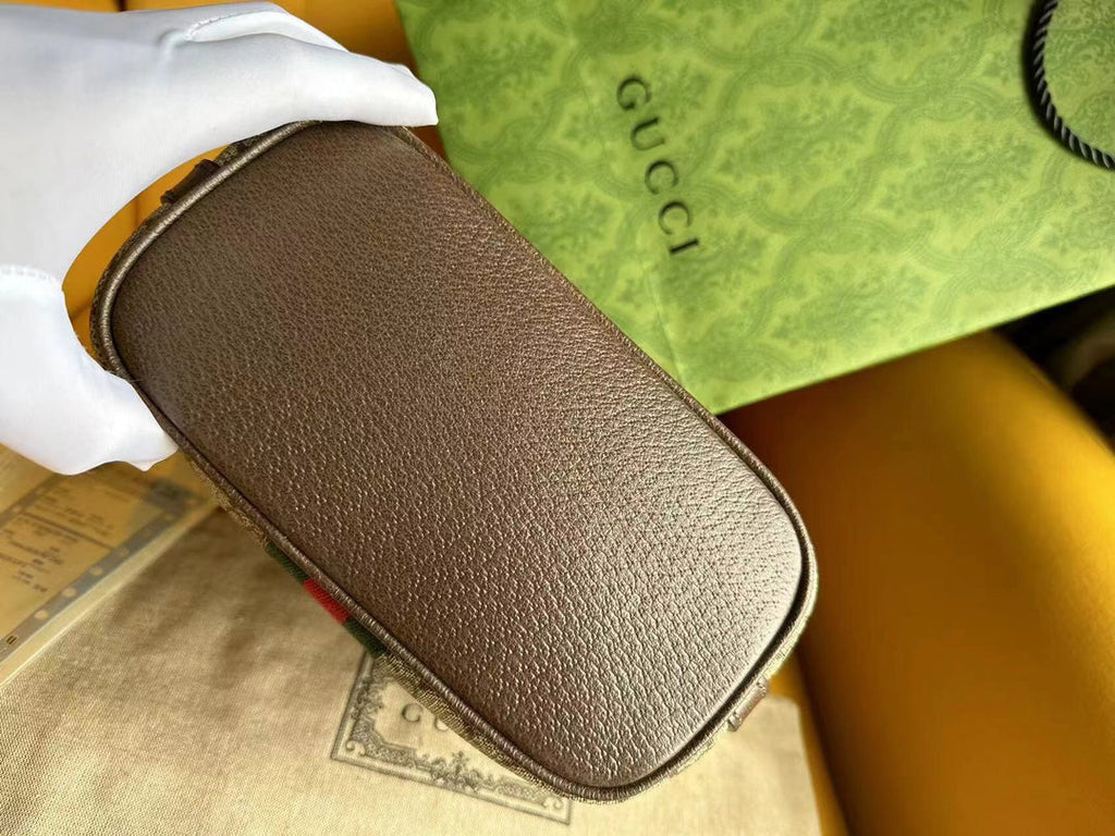 Petit sac bandoulière OPHIDIA 21 GG en toile beige et cuir de veau marron
