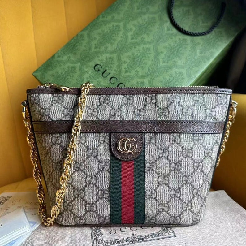 Petit sac bandoulière OPHIDIA 21 GG en toile beige et cuir de veau marron