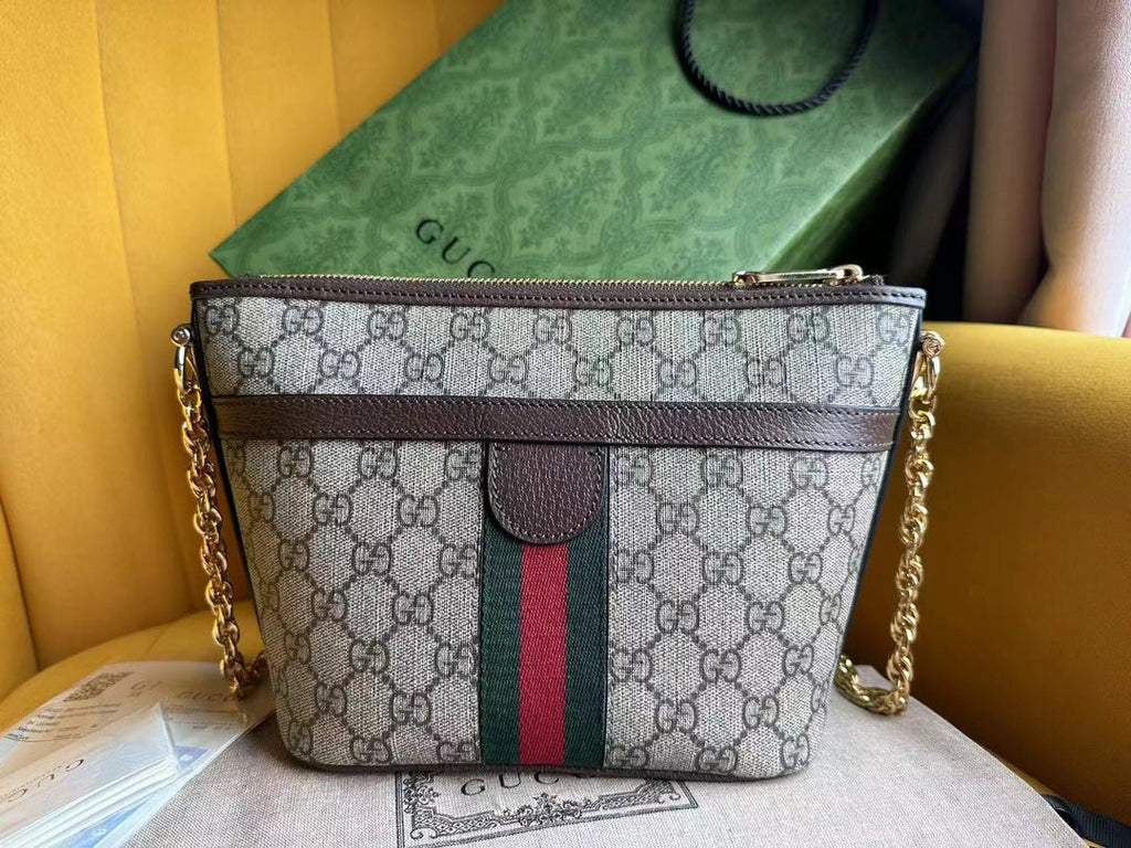 Petit sac bandoulière OPHIDIA 21 GG en toile beige et cuir de veau marron