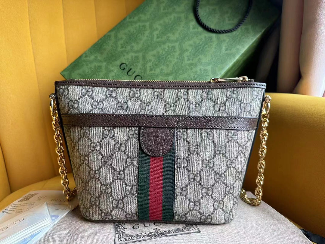 Petit sac bandoulière OPHIDIA 21 GG en toile beige et cuir de veau marron