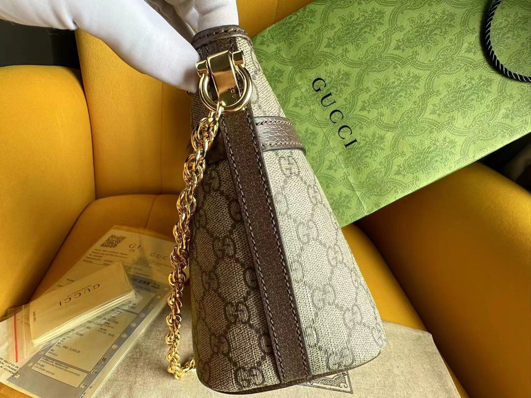 Petit sac bandoulière OPHIDIA 21 GG en toile beige et cuir de veau marron