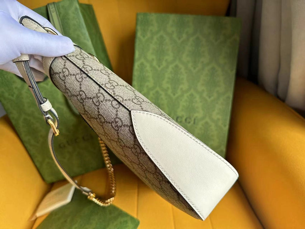 SAC À BANDOULIÈRE GG PADLOCK 32 EN TOILE BEIGE ET CUIR DE VEAU BLANC