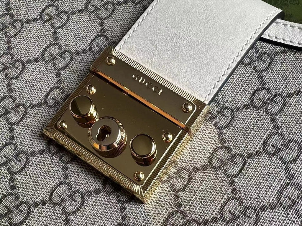 SAC À BANDOULIÈRE GG PADLOCK 32 EN TOILE BEIGE ET CUIR DE VEAU BLANC