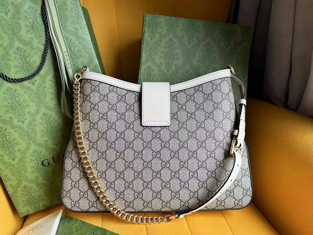 SAC À BANDOULIÈRE GG PADLOCK 32 EN TOILE BEIGE ET CUIR DE VEAU BLANC