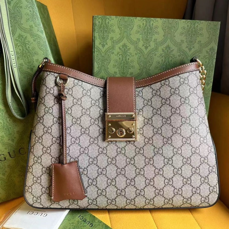 SAC À BANDOULIÈRE GG PADLOCK 32 EN TOILE BEIGE ET CUIR DE VEAU MARRON