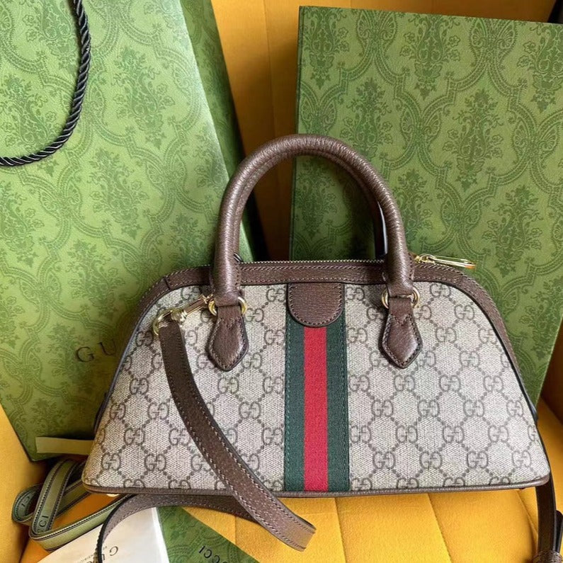 OPHIDIA 31 PETIT SAC À MAIN EN TOILE BEIGE ET CUIR DE VEAU MARRON