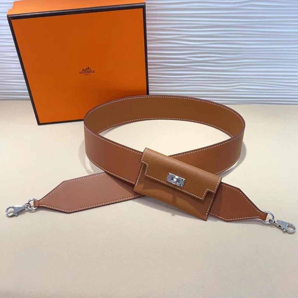 Bandoulière Kelly Pocket 50 mm en EPSOM marron et matériel argenté 
