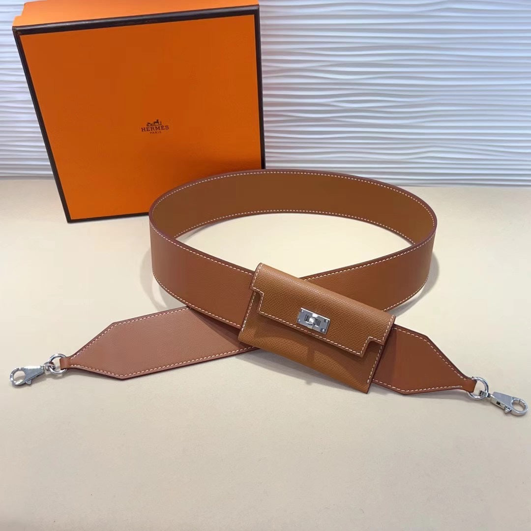 Bandoulière Kelly Pocket 50 mm en EPSOM marron et matériel argenté 