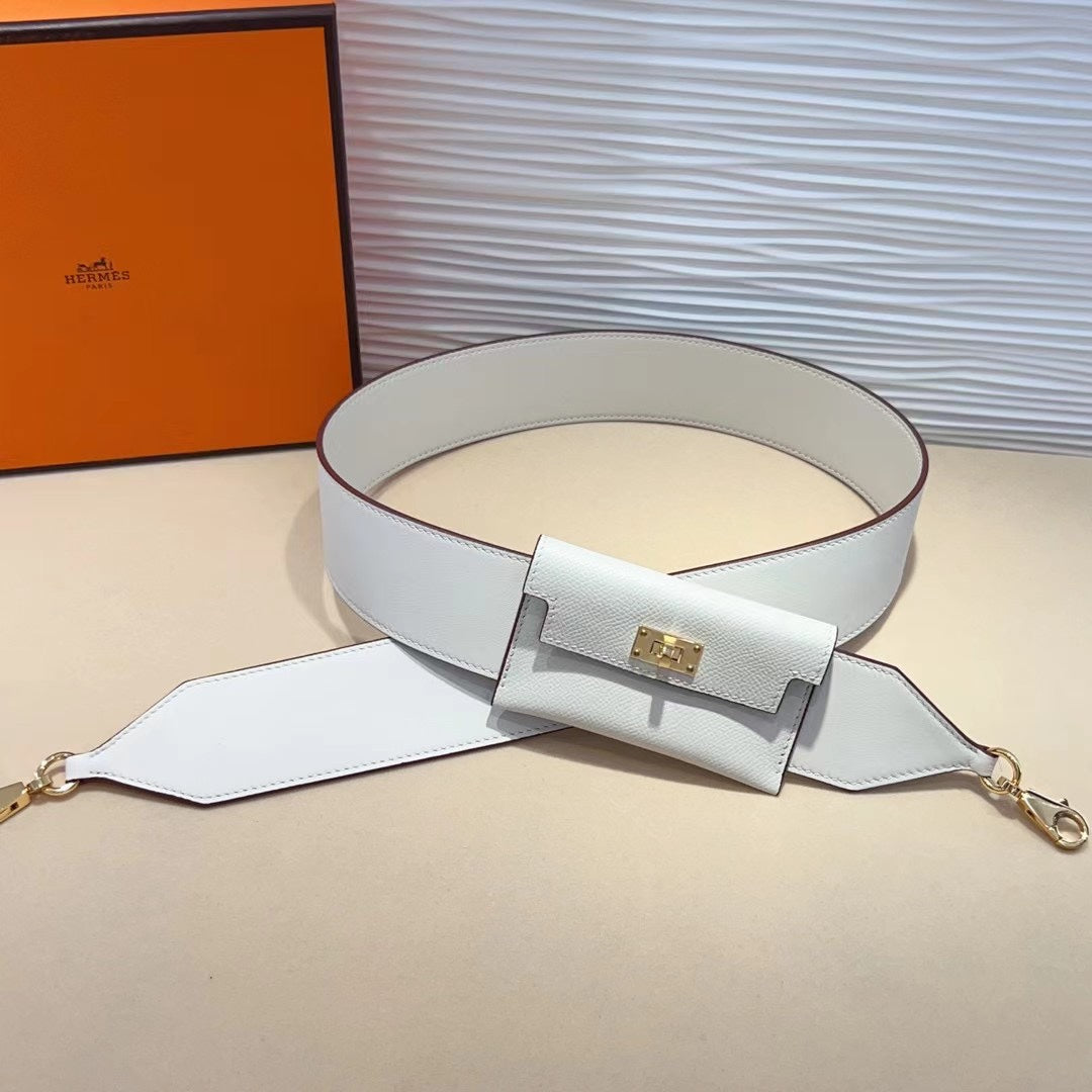 Bandoulière Kelly Pocket 50 mm en EPSOM blanc et matériel doré 