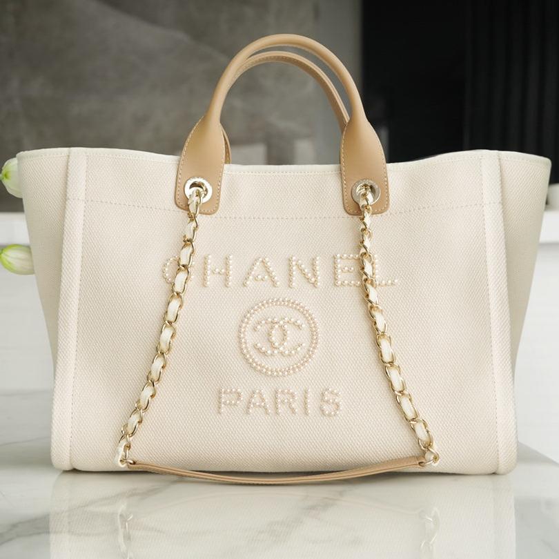 SAC CABAS 39 LOGO PERLE ATTACHÉ EN TOILE BEIGE QUINCAILLERIE DORÉ 