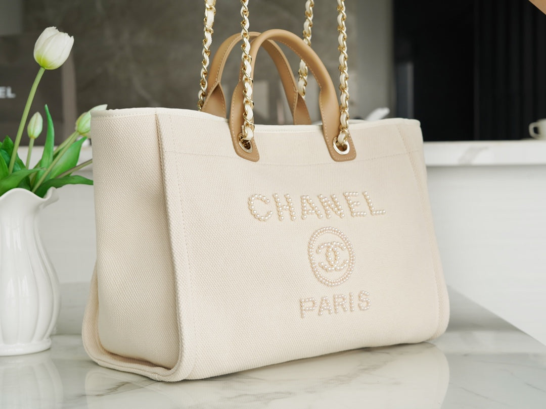 SAC CABAS 39 LOGO PERLE ATTACHÉ EN TOILE BEIGE QUINCAILLERIE DORÉ 