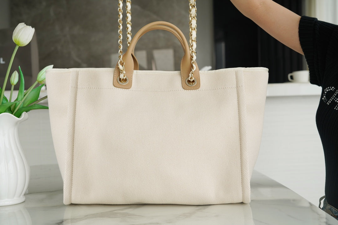 SAC CABAS 39 LOGO PERLE ATTACHÉ EN TOILE BEIGE QUINCAILLERIE DORÉ 