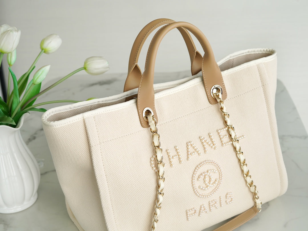 SAC CABAS 39 LOGO PERLE ATTACHÉ EN TOILE BEIGE QUINCAILLERIE DORÉ 