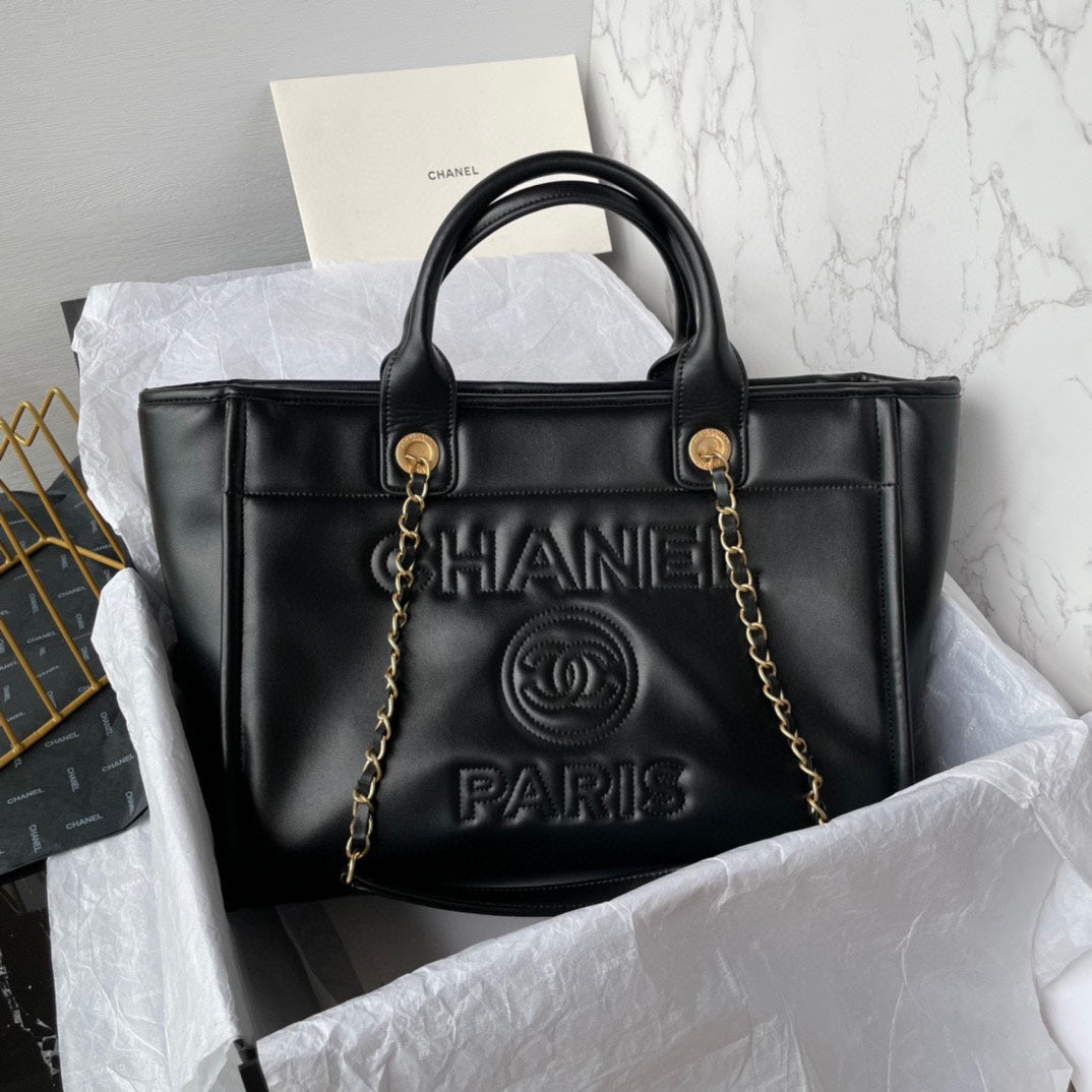 CC SHOPPING BAG 34CM BLACK CALFSKIN GOLD HARDWARE
