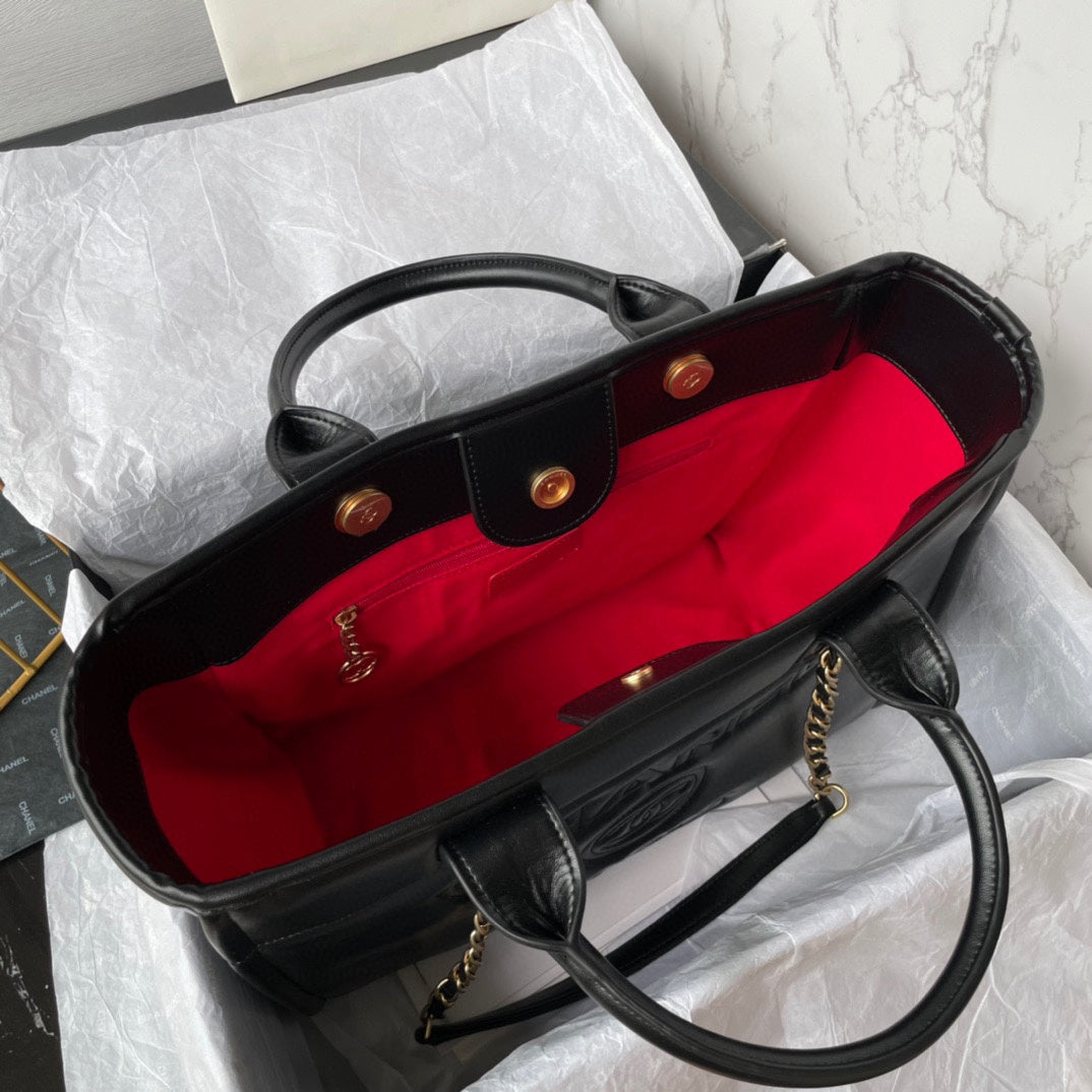 CC SHOPPING BAG 34CM BLACK CALFSKIN GOLD HARDWARE