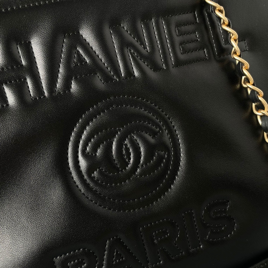 SAC CABAS CC 34 CM EN CUIR DE VEAU NOIR QUINCAILLERIE DORÉ