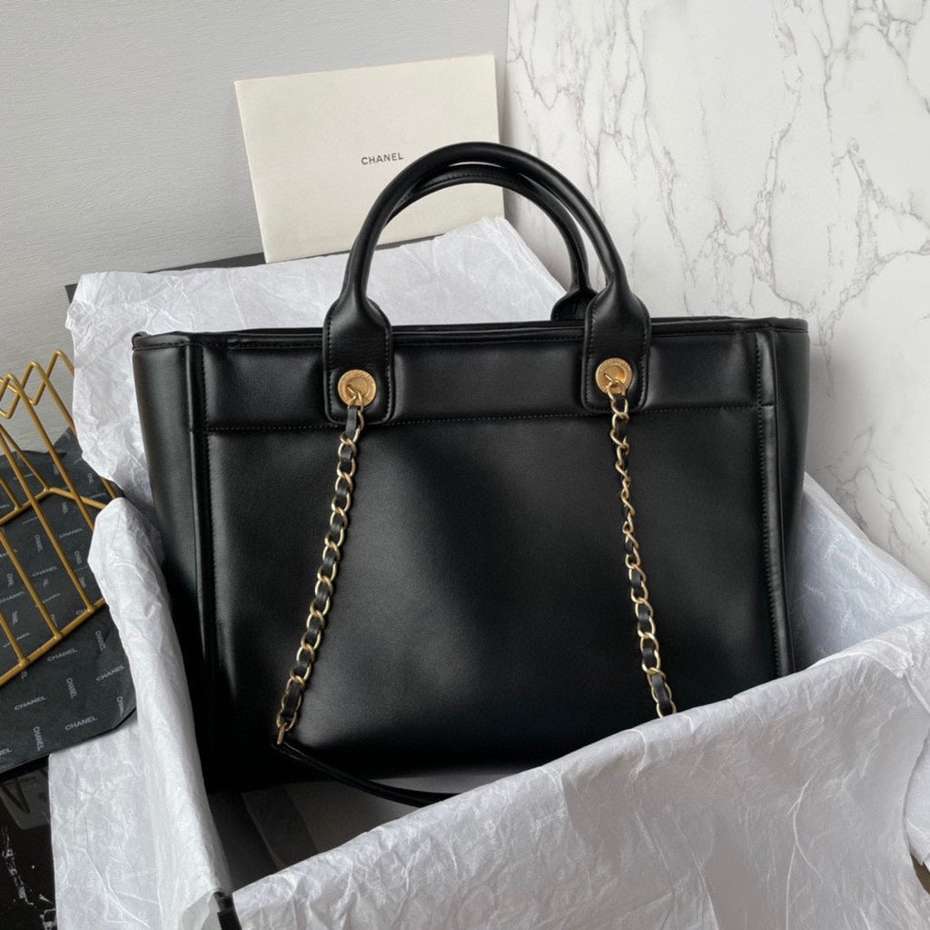SAC CABAS CC 34 CM EN CUIR DE VEAU NOIR QUINCAILLERIE DORÉ