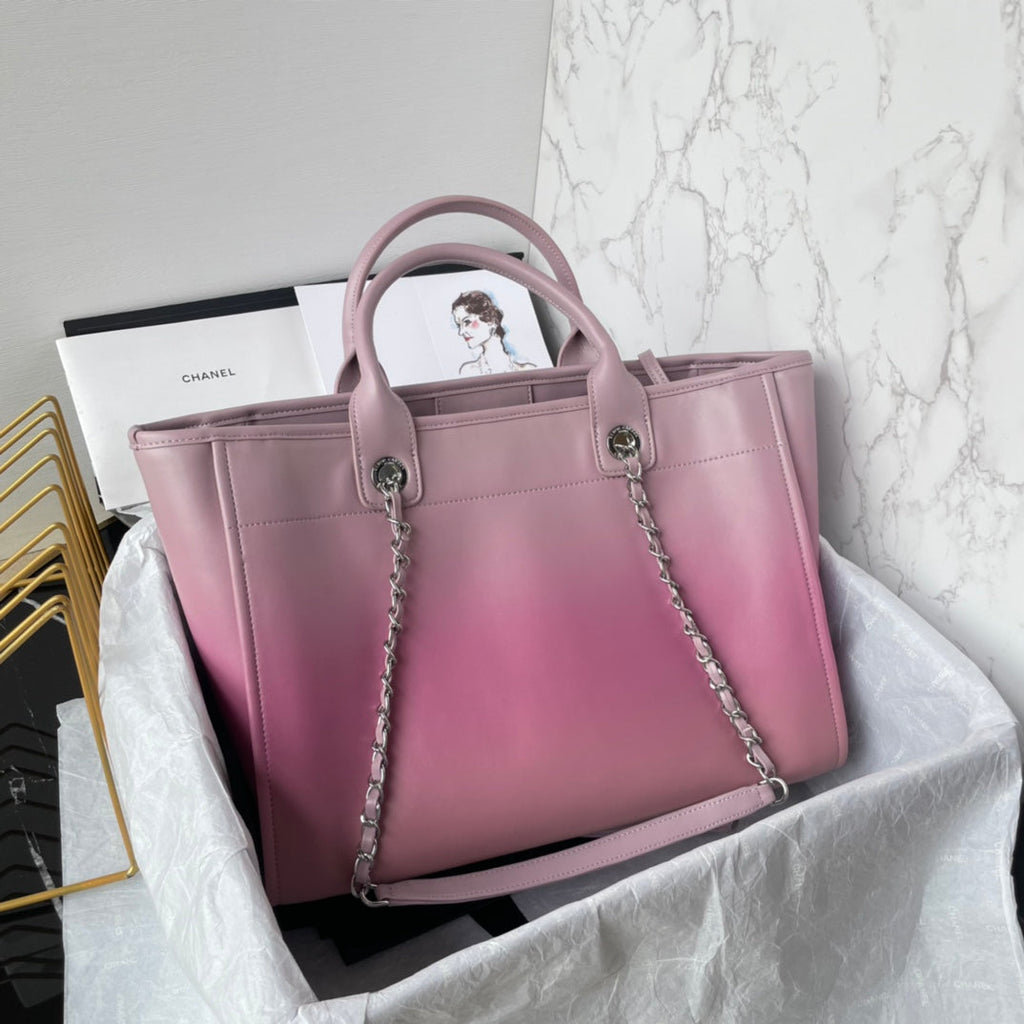 SAC CABAS CC 34 CM EN CUIR DE VEAU ROSE VIOLET QUINCAILLERIE ARGENTÉE