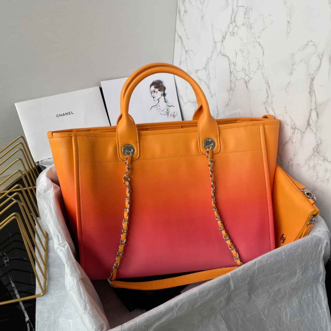 CC SHOPPING BAG 34CM ORANGE PURPLE CALFSKIN GOLD HARDWARE