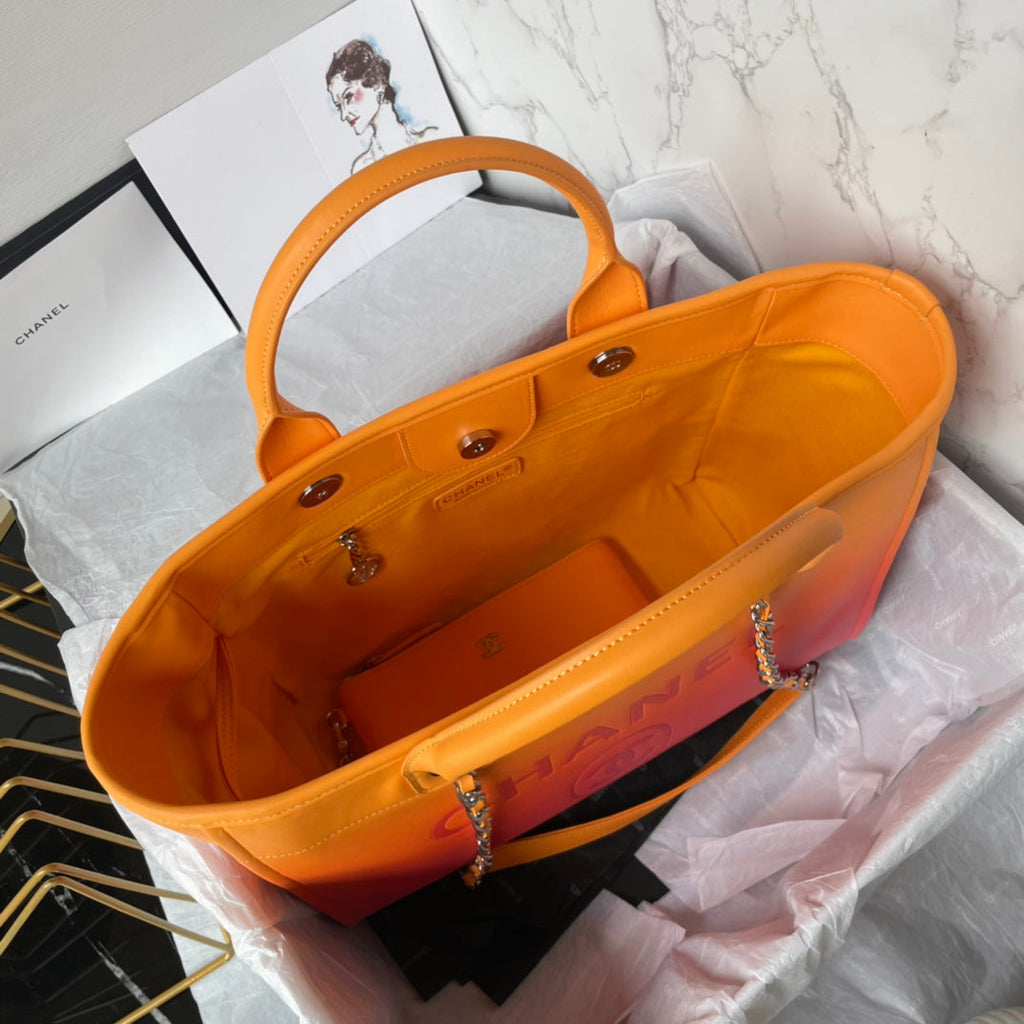 SAC CABAS CC 34 CM CUIR DE VEAU ORANGE VIOLET QUINCAILLERIE DORÉ