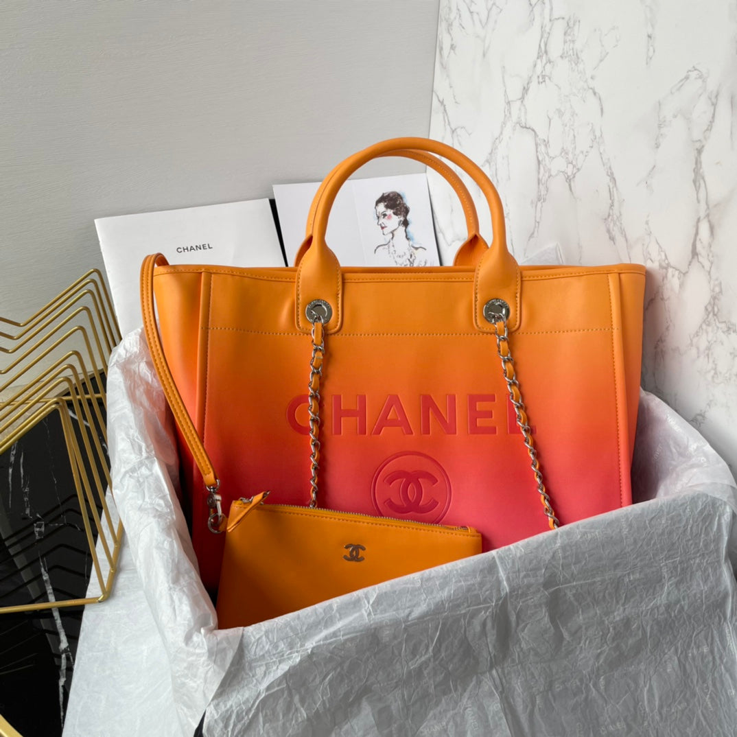 CC SHOPPING BAG 34CM ORANGE PURPLE CALFSKIN GOLD HARDWARE