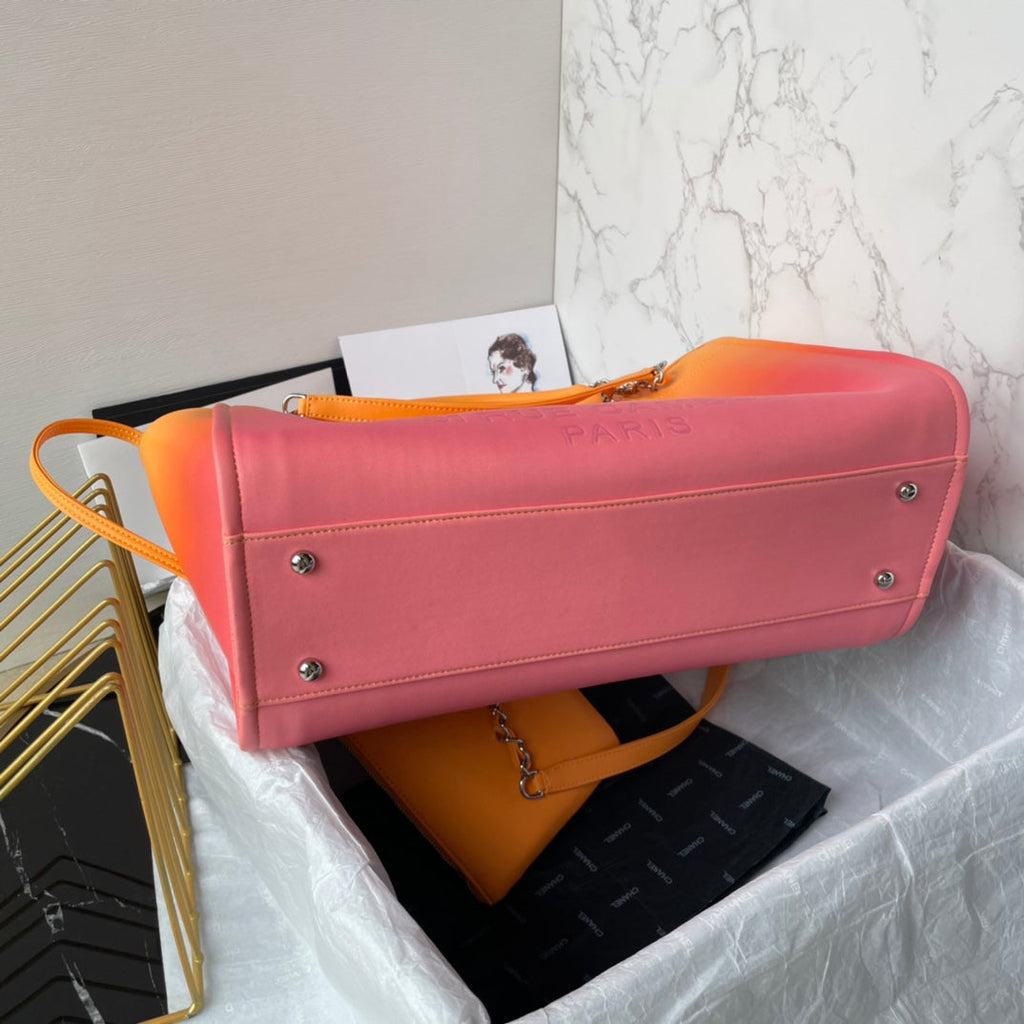 SAC CABAS CC 34 CM CUIR DE VEAU ORANGE VIOLET QUINCAILLERIE DORÉ