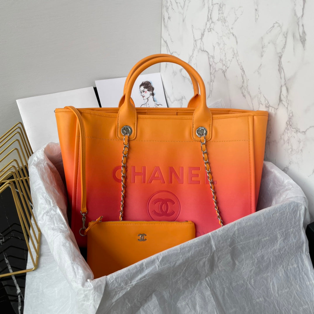 SAC CABAS CC 34 CM CUIR DE VEAU ORANGE VIOLET QUINCAILLERIE DORÉ