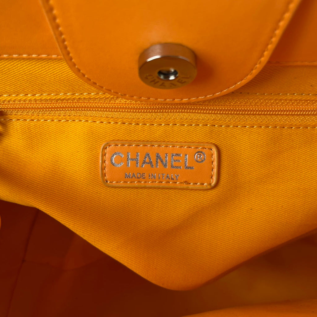 SAC CABAS CC 34 CM CUIR DE VEAU ORANGE VIOLET QUINCAILLERIE DORÉ