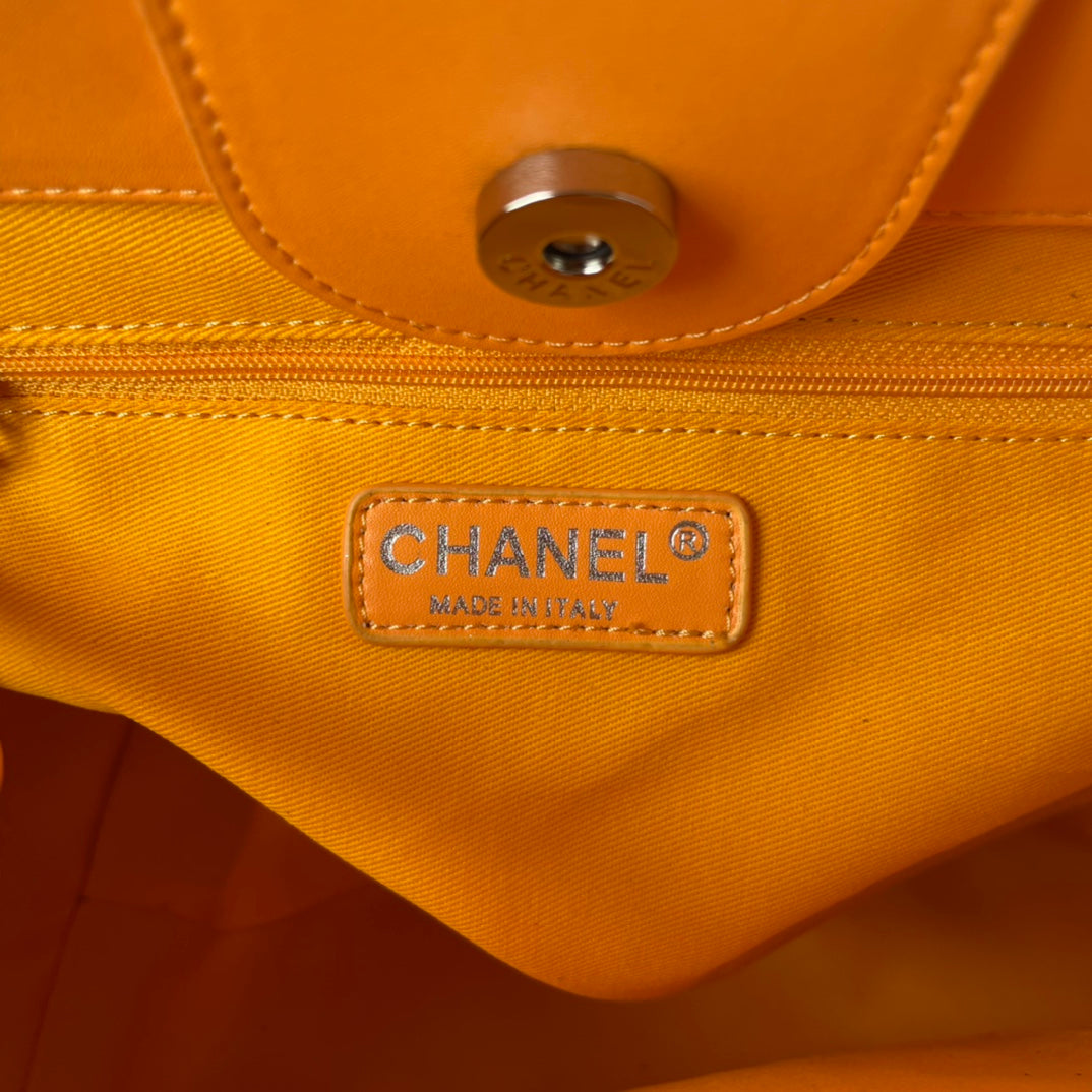SAC CABAS CC 34 CM CUIR DE VEAU ORANGE VIOLET QUINCAILLERIE DORÉ