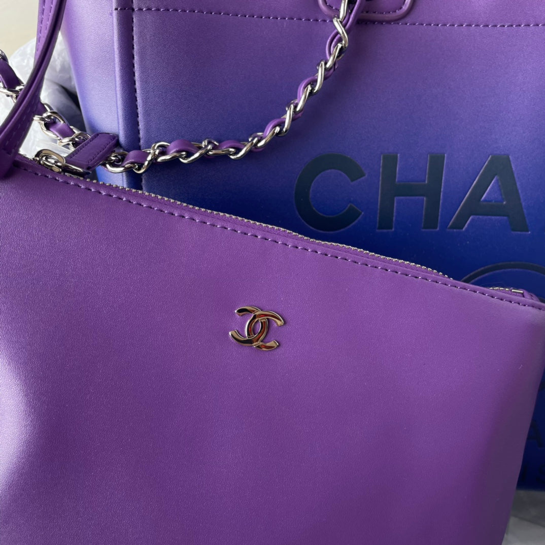 CC SHOPPING BAG 34CM PURPLE BLUE CALFSKIN SILVER HARDWARE