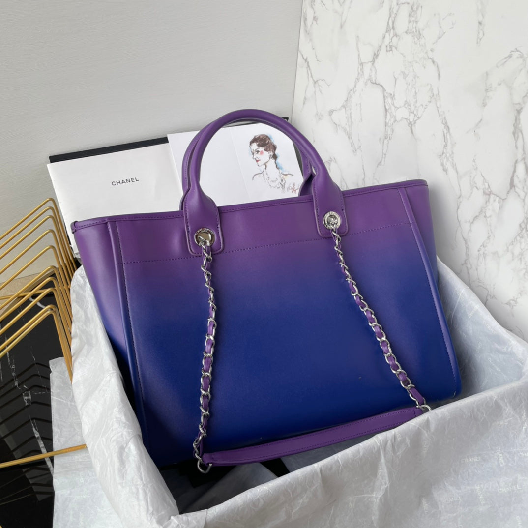 SAC CABAS CC 34 CM CUIR DE VEAU BLEU VIOLET QUINCAILLERIE ARGENTÉE