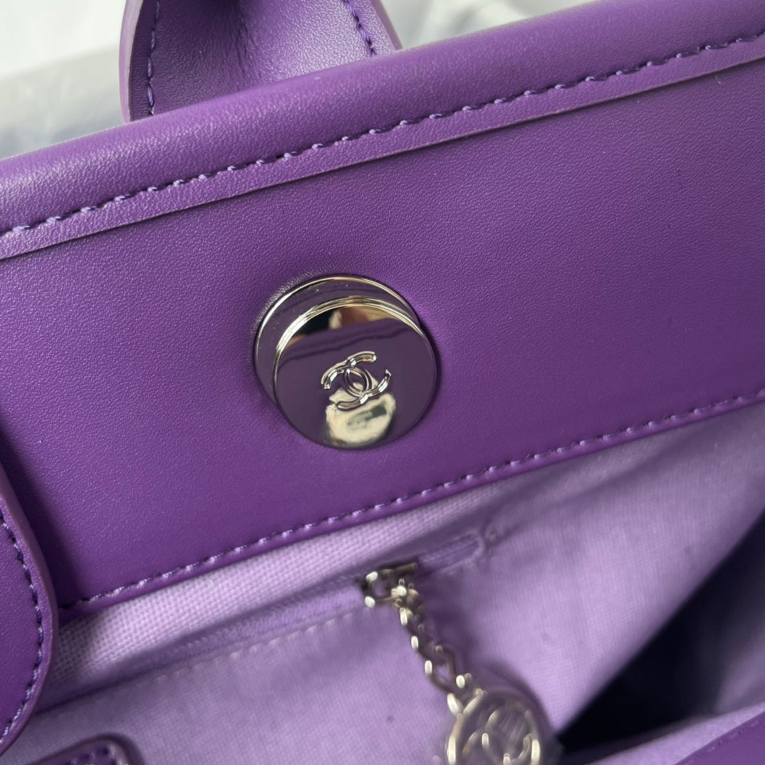 SAC CABAS CC 34 CM CUIR DE VEAU BLEU VIOLET QUINCAILLERIE ARGENTÉE