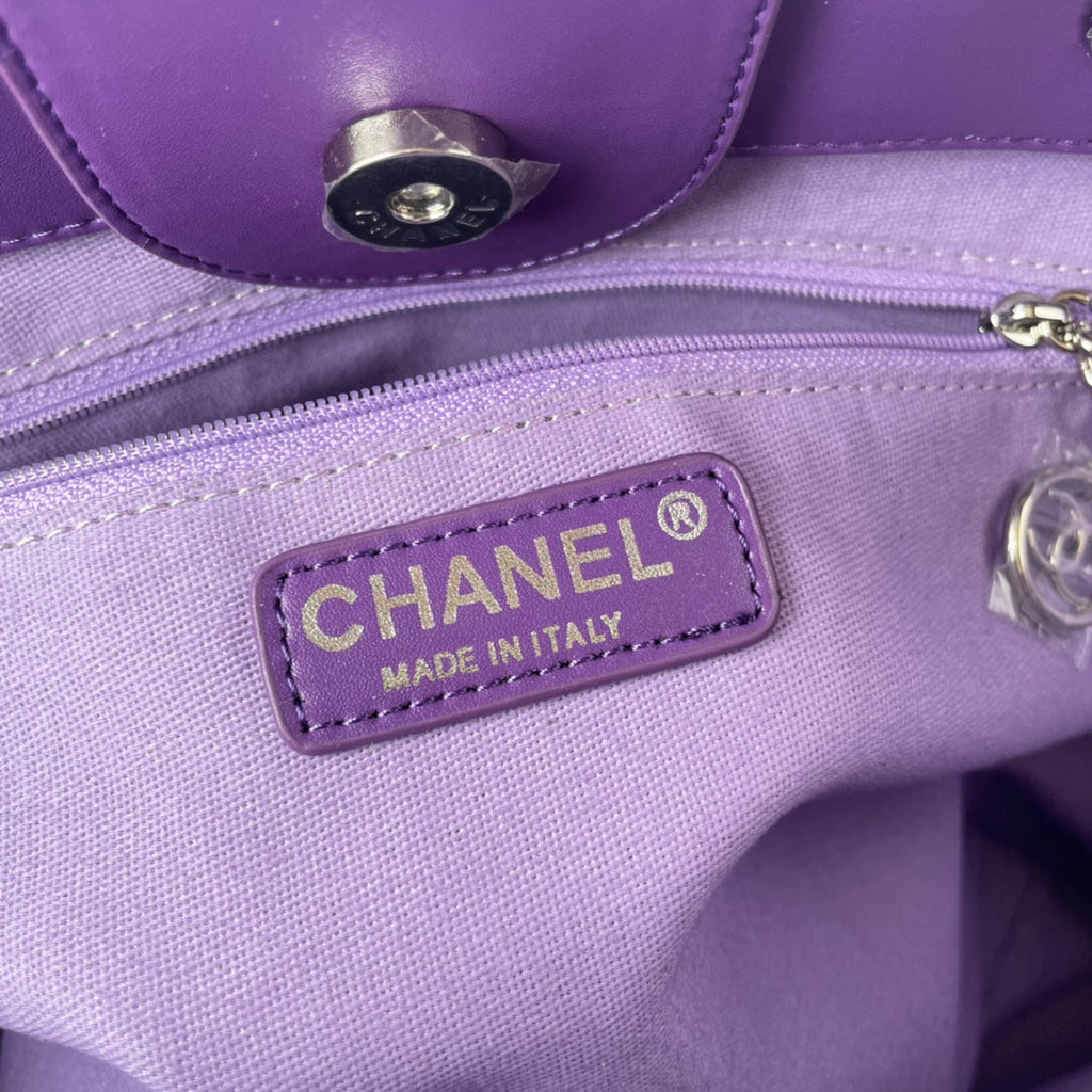 SAC CABAS CC 34 CM CUIR DE VEAU BLEU VIOLET QUINCAILLERIE ARGENTÉE
