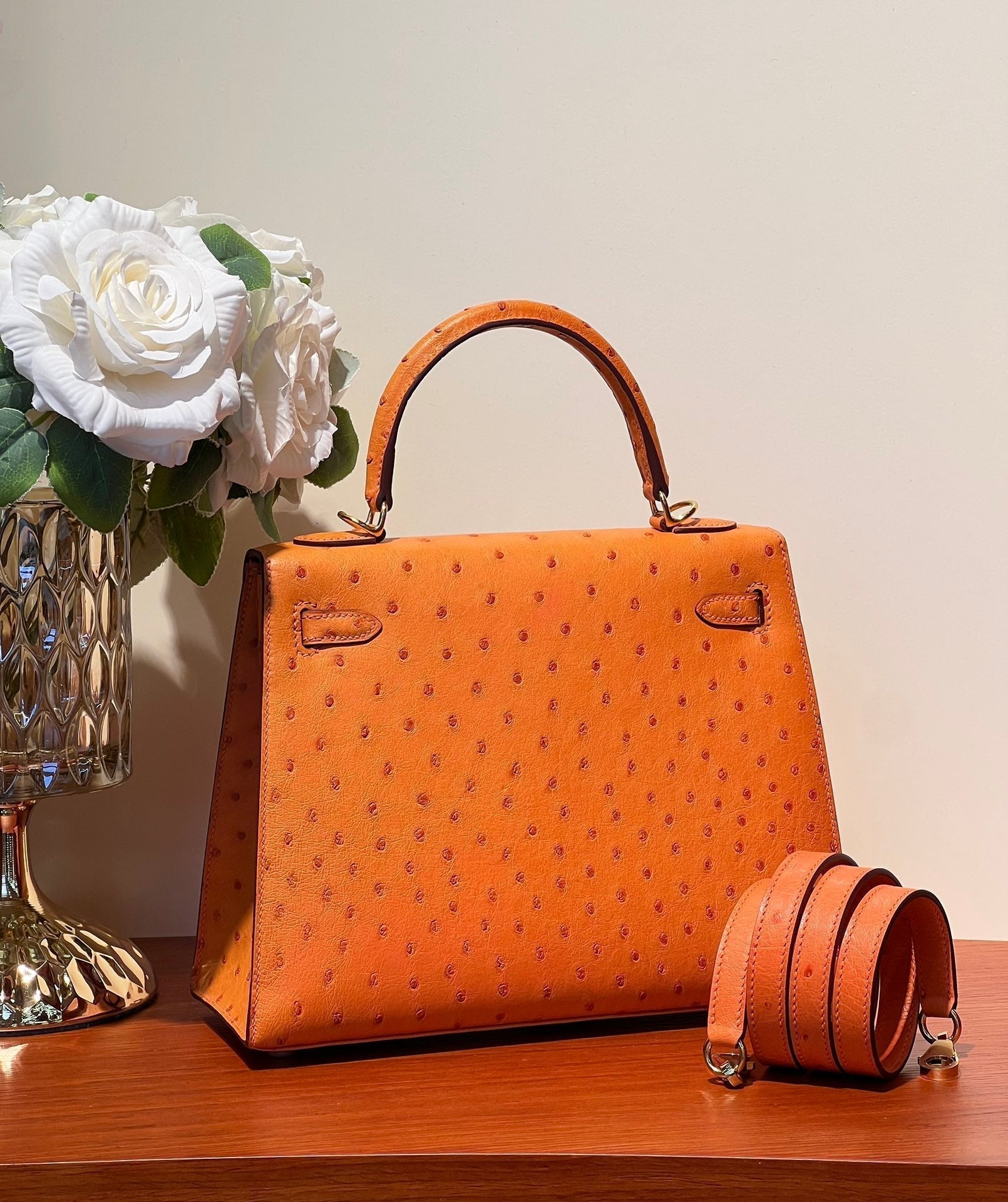 KELLY SELLIER 25 BAG IN FIRE ORANGE OSTRICH LEATHER WITH GOLD HARDWARE (MADE - TO - ODER)