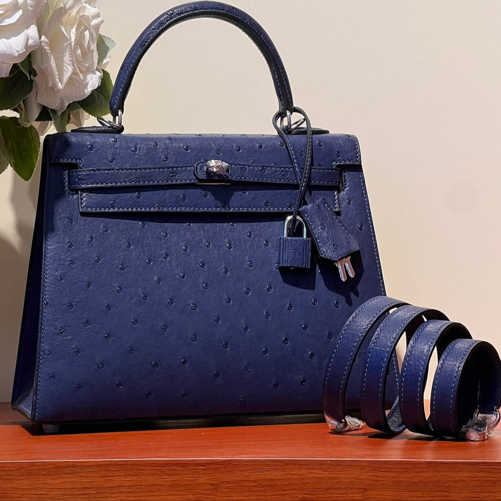 KELLY SELLIER 25 BAG IN NAVY BLUE OSTRICH LEATHER WITH SILVER HARDWARE (MADE - TO - ODER)