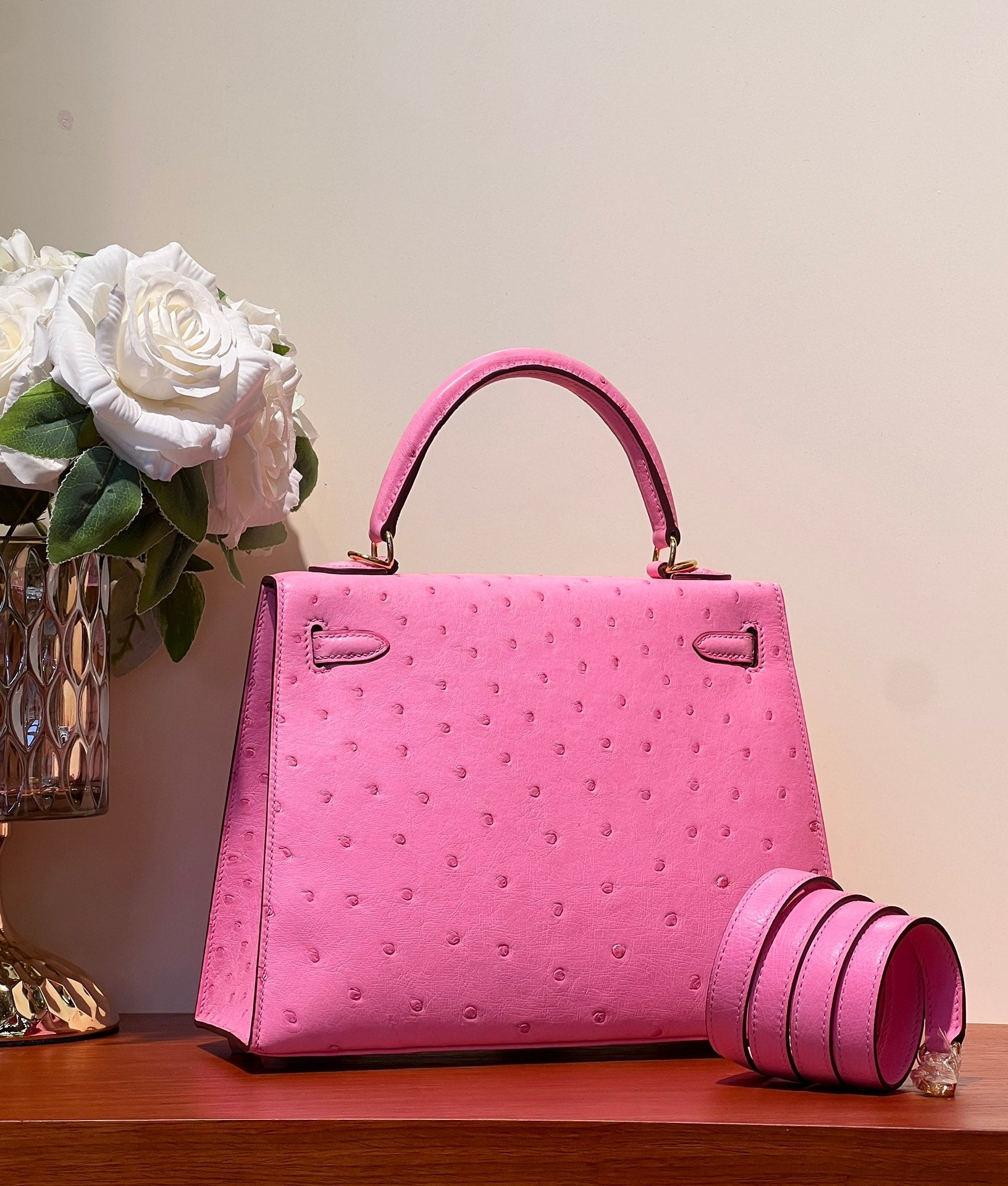 KELLY SELLIER 25 BAG IN DOLL PINK OSTRICH LEATHER WITH GOLD HARDWARE (MADE - TO - ODER)